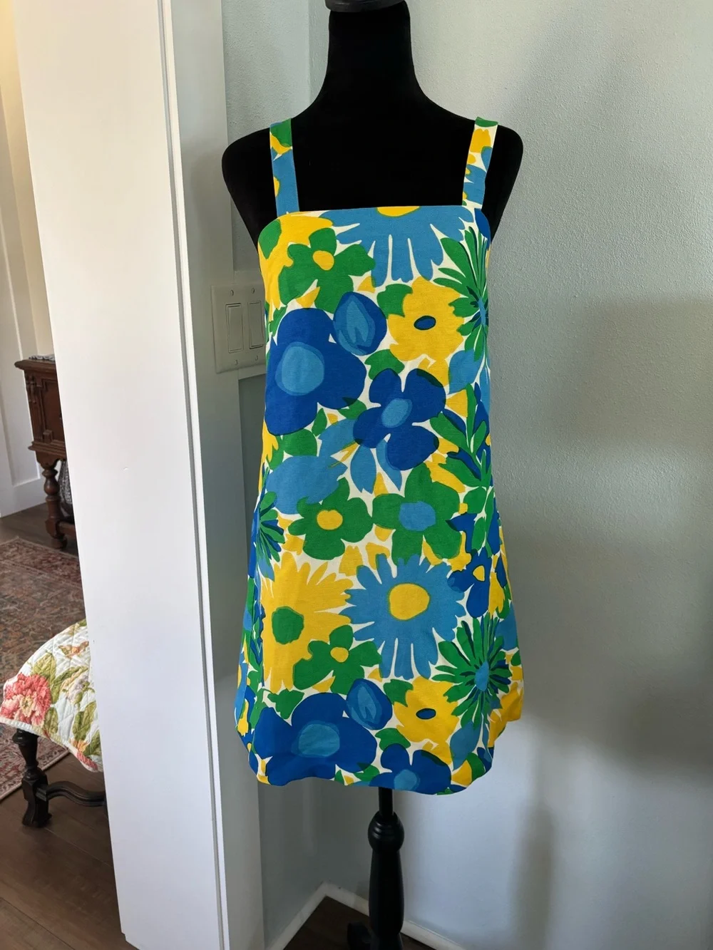 J. Crew Blue, Yellow & Green Floral Mini shift Dress 2p EUC